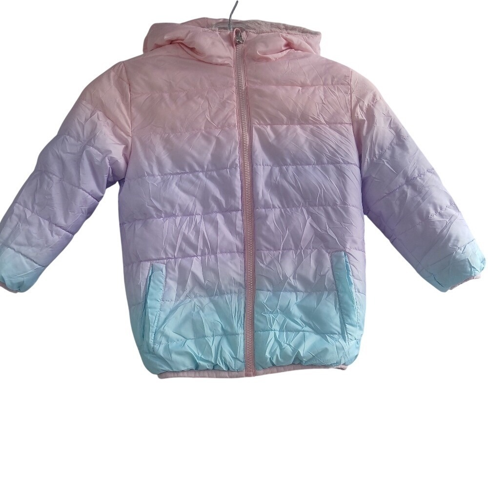 Max Puffer Jacket Girls 5T Pink Purple Blue Ombre Faux Fur Lined Hooded Zip